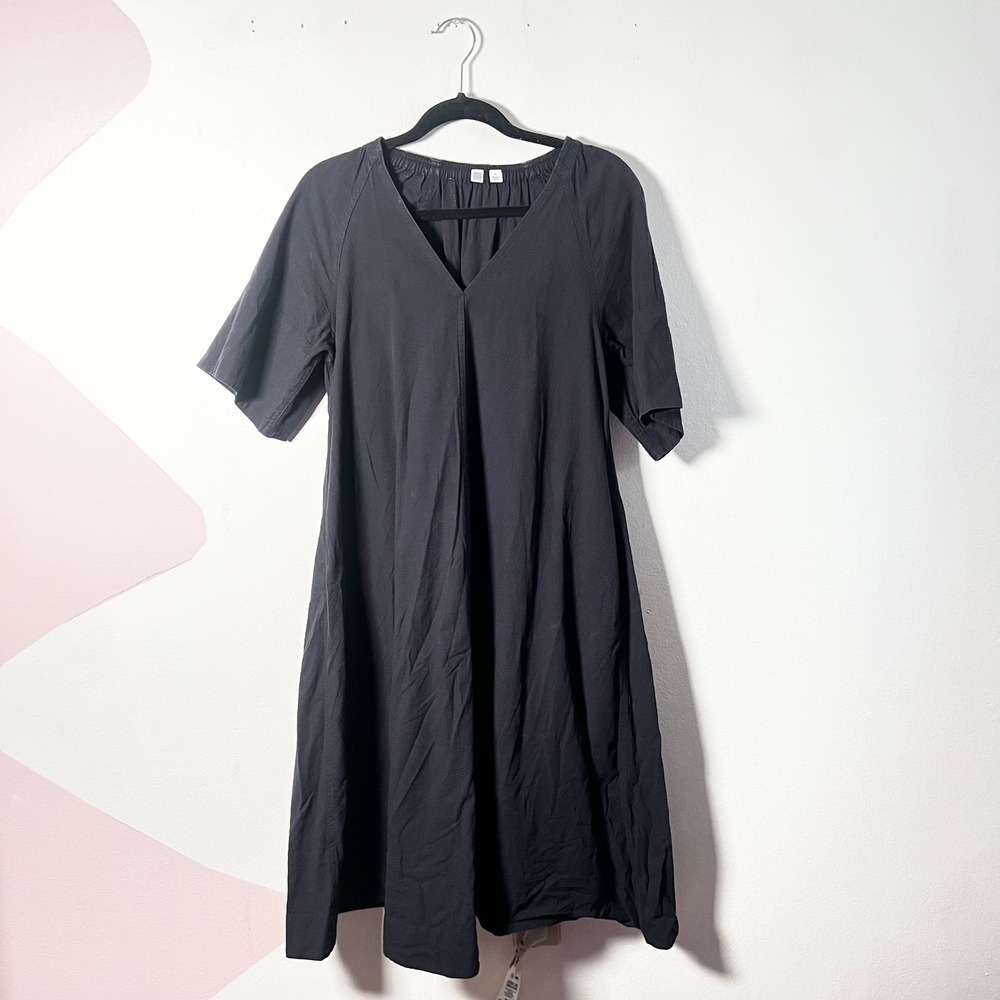 Uniqlo‎ Midi Dress Women's Small Navy Blue 100% Cotton Pockets Lagenlook